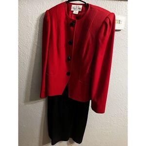 Vintage Oleg Cassini Wool Blend Blazer & Skirt Suit Set Red & Black size 8